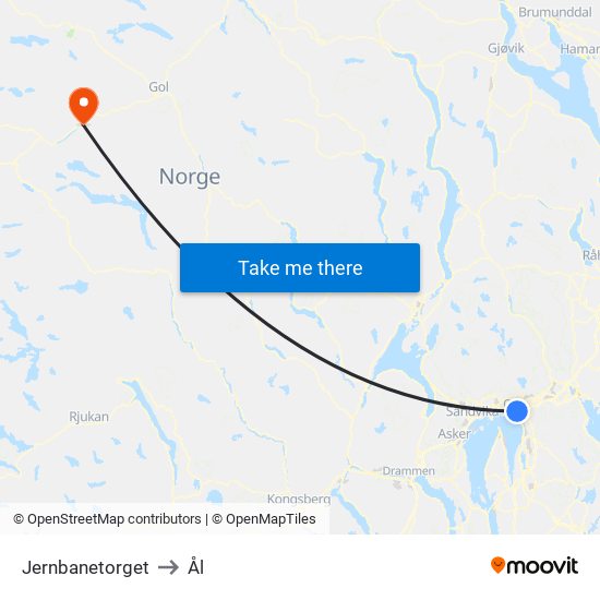 Jernbanetorget to Ål map