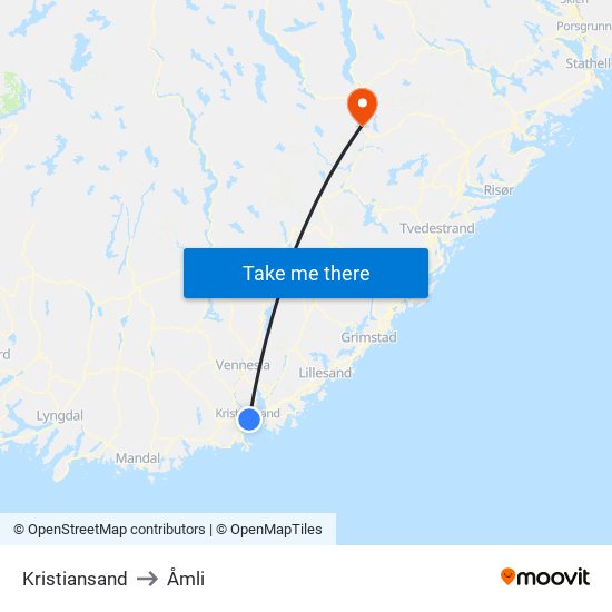 Kristiansand to Åmli map