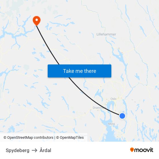 Spydeberg to Årdal map