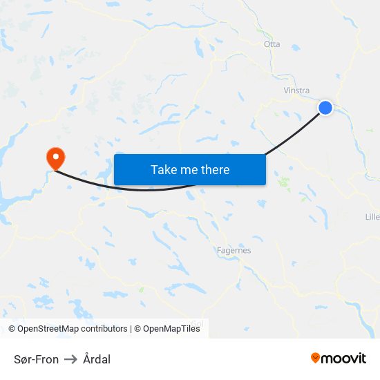 Sør-Fron to Årdal map