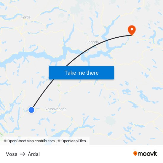 Voss to Årdal map