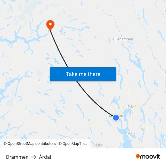 Drammen to Årdal map