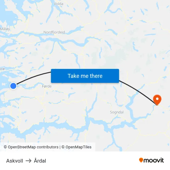 Askvoll to Årdal map