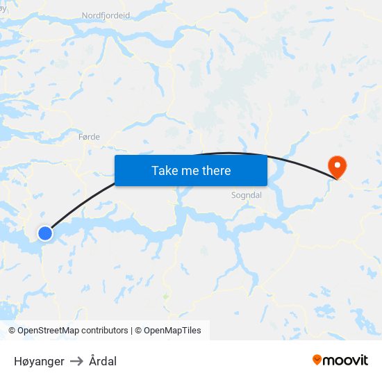 Høyanger to Årdal map