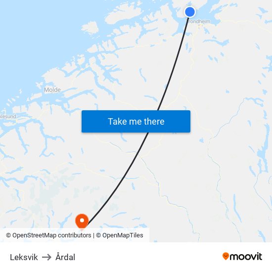 Leksvik to Årdal map