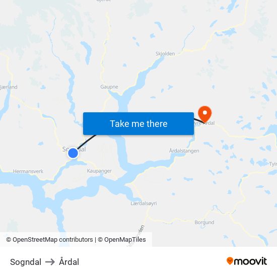 Sogndal to Årdal map