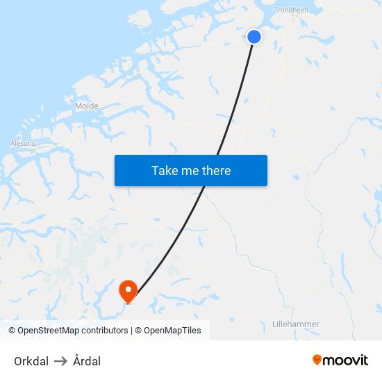 Orkdal to Årdal map