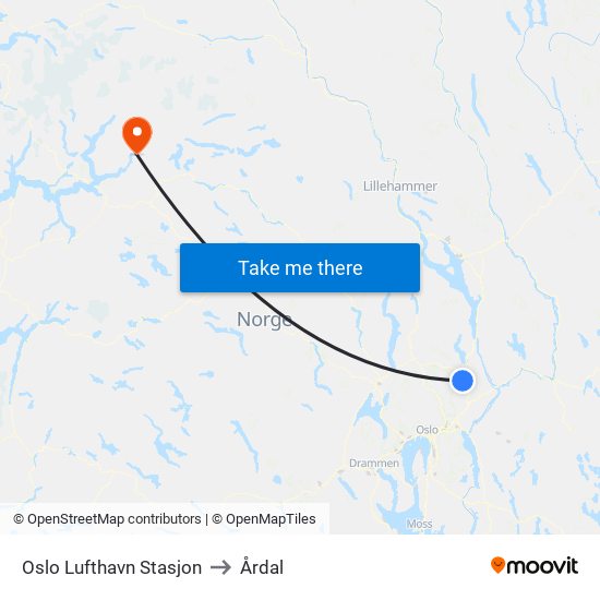 Oslo Lufthavn Stasjon to Årdal map