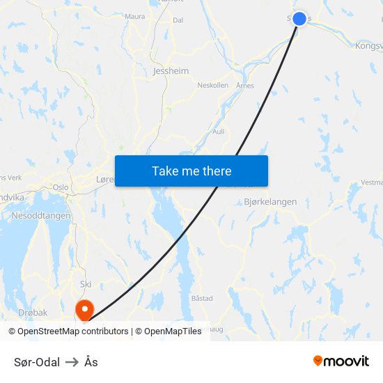 Sør-Odal to Ås map