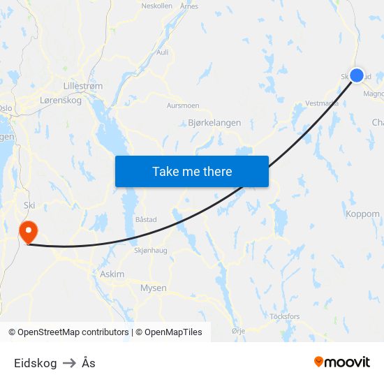 Eidskog to Ås map