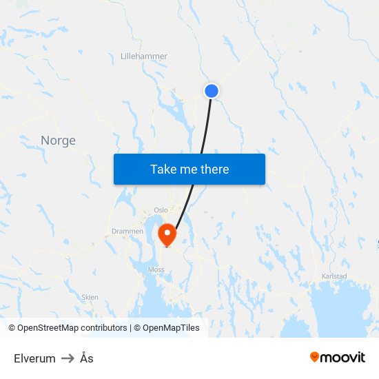 Elverum to Ås map