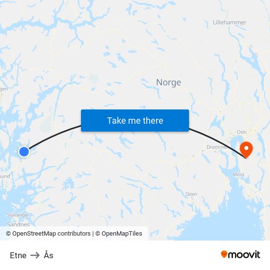 Etne to Ås map