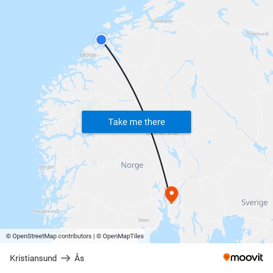 Kristiansund to Ås map