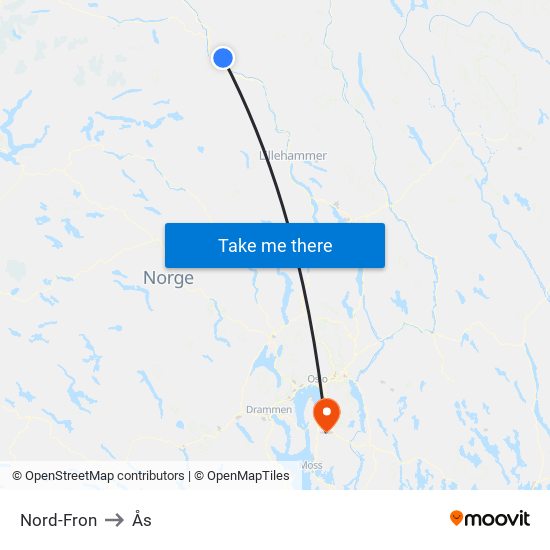 Nord-Fron to Ås map