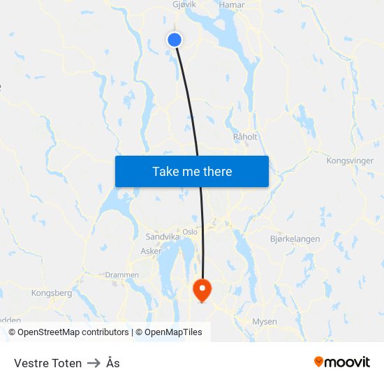 Vestre Toten to Ås map