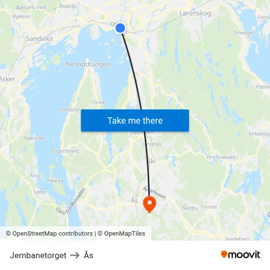 Jernbanetorget to Ås map