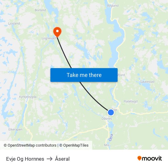 Evje Og Hornnes to Åseral map