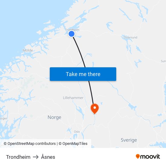 Trondheim to Åsnes map