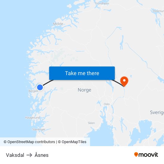 Vaksdal to Åsnes map