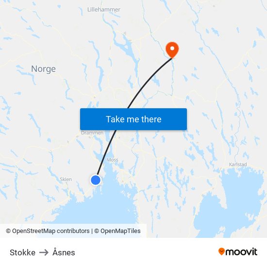 Stokke to Åsnes map