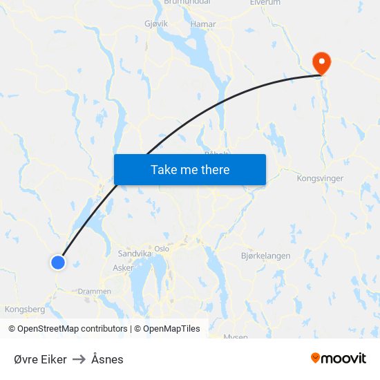 Øvre Eiker to Åsnes map