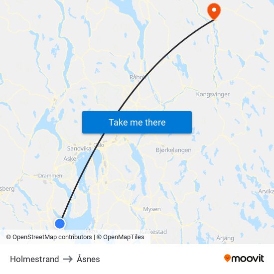 Holmestrand to Åsnes map