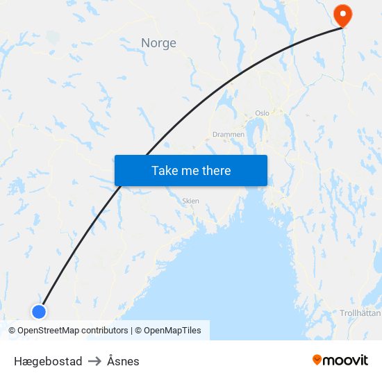 Hægebostad to Åsnes map