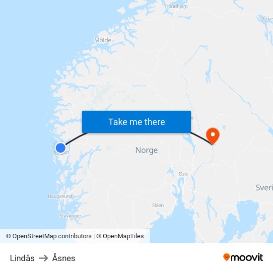Lindås to Åsnes map