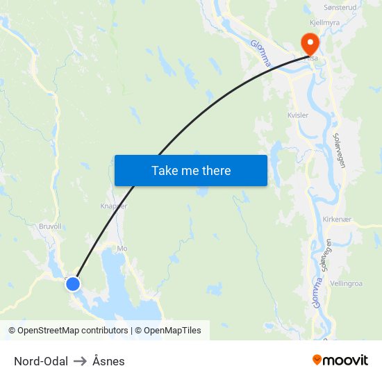 Nord-Odal to Åsnes map