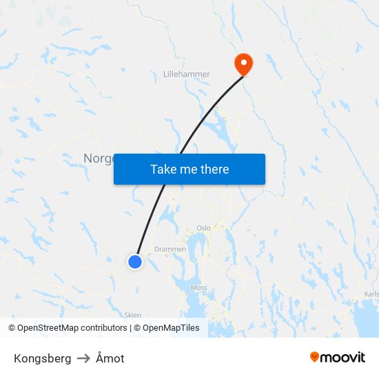 Kongsberg to Åmot map