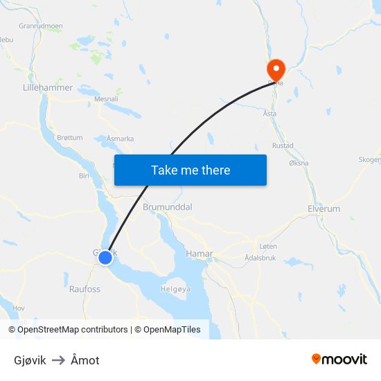 Gjøvik to Åmot map