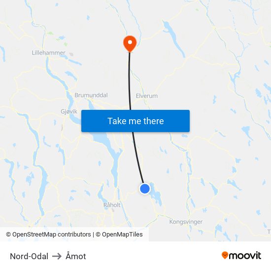 Nord-Odal to Åmot map