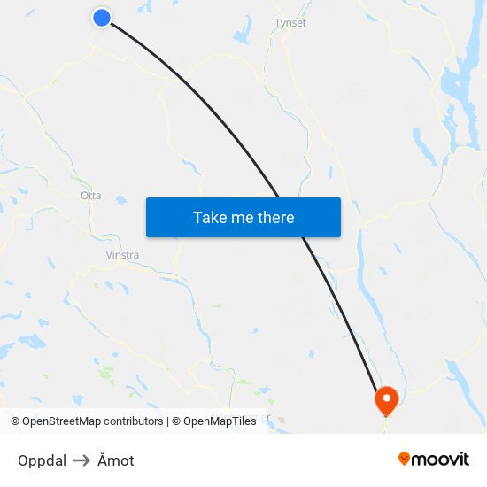 Oppdal to Åmot map