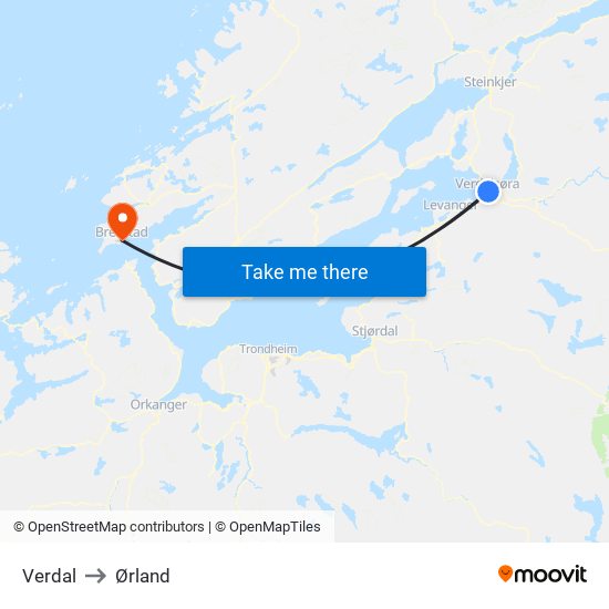 Verdal to Ørland map