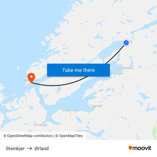 Steinkjer to Ørland map