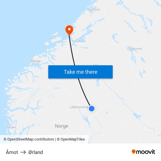 Åmot to Ørland map