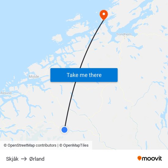 Skjåk to Ørland map
