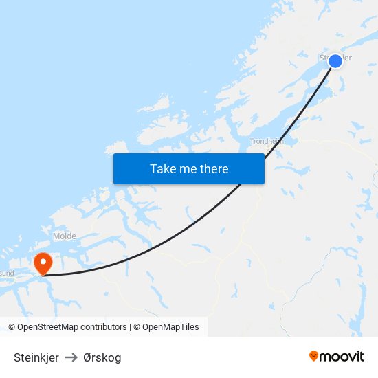 Steinkjer to Ørskog map