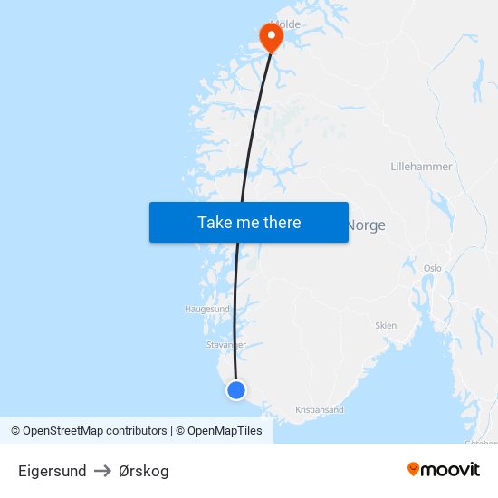 Eigersund to Ørskog map