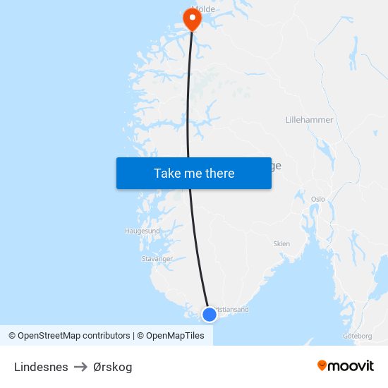 Lindesnes to Ørskog map
