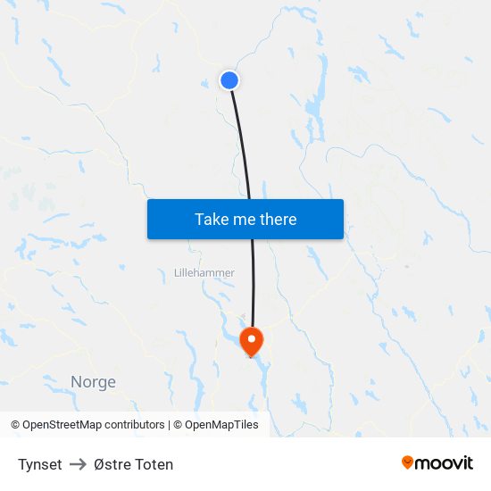 Tynset to Østre Toten map