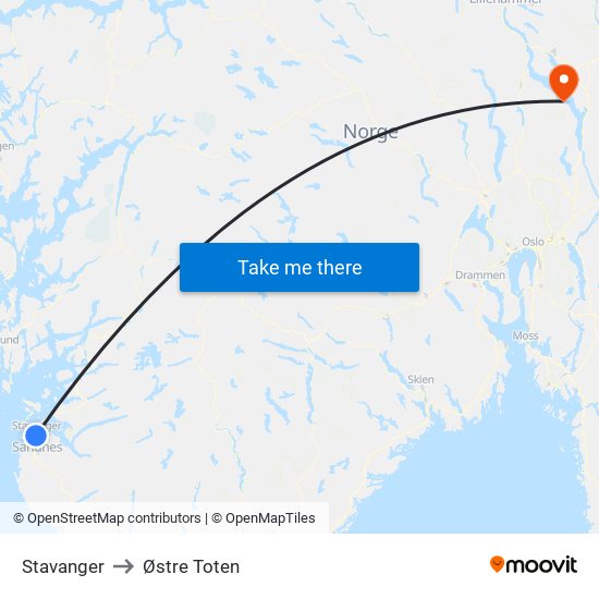 Stavanger to Østre Toten map