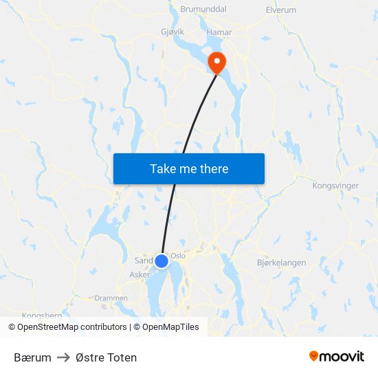 Bærum to Østre Toten map