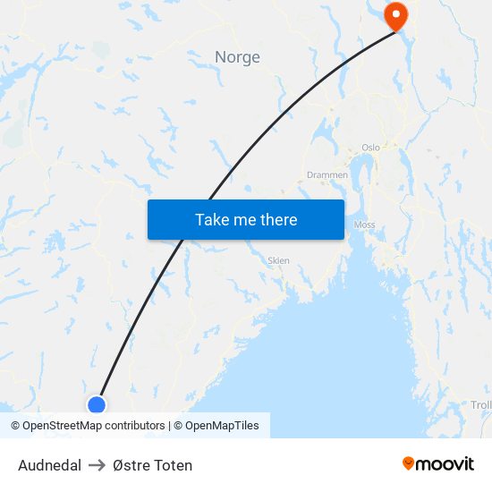 Audnedal to Østre Toten map