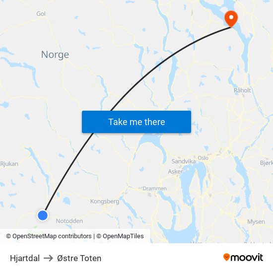Hjartdal to Østre Toten map