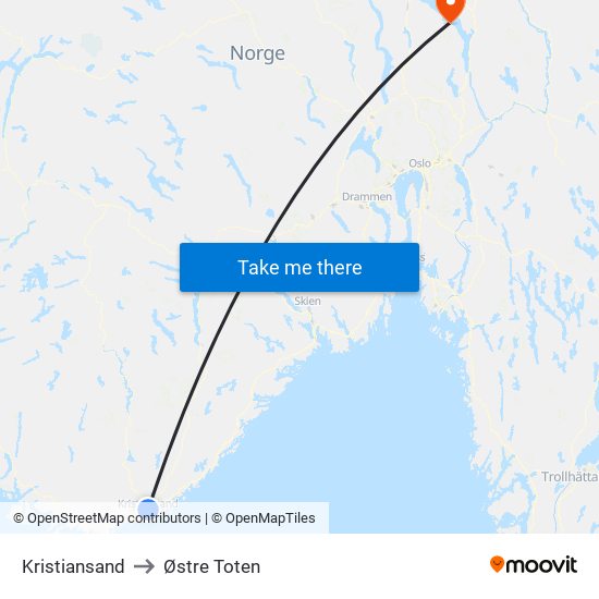 Kristiansand to Østre Toten map