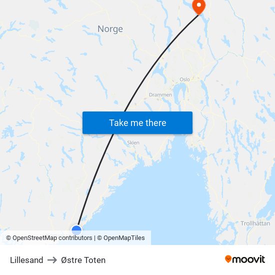 Lillesand to Østre Toten map