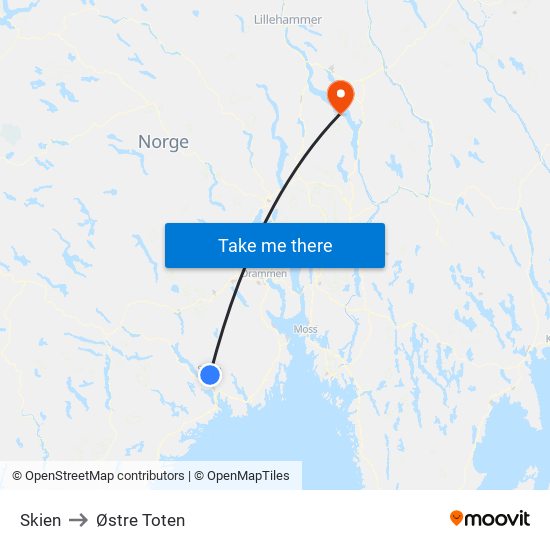 Skien to Østre Toten map