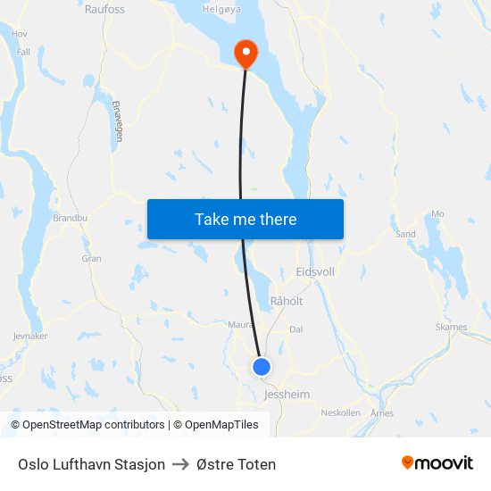 Oslo Lufthavn Stasjon to Østre Toten map