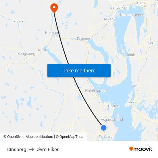 Tønsberg to Øvre Eiker map